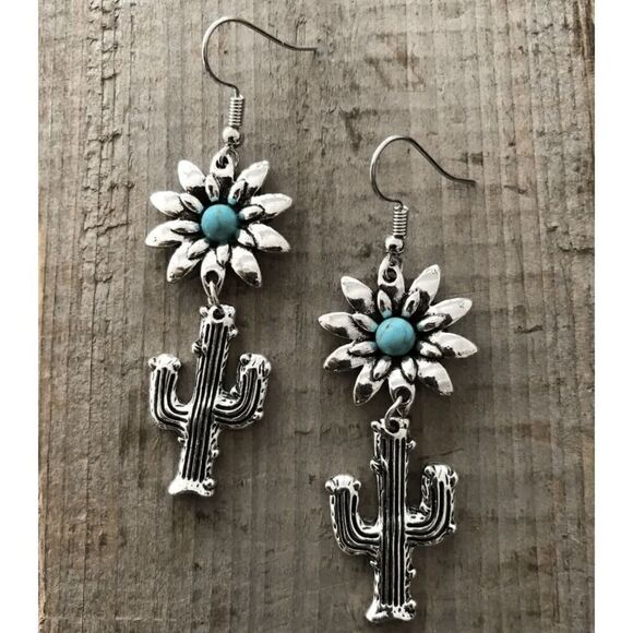 FLOWER CACTUS SILVER TURQUOISE DANGLE EARRINGS - Picture 6 of 9